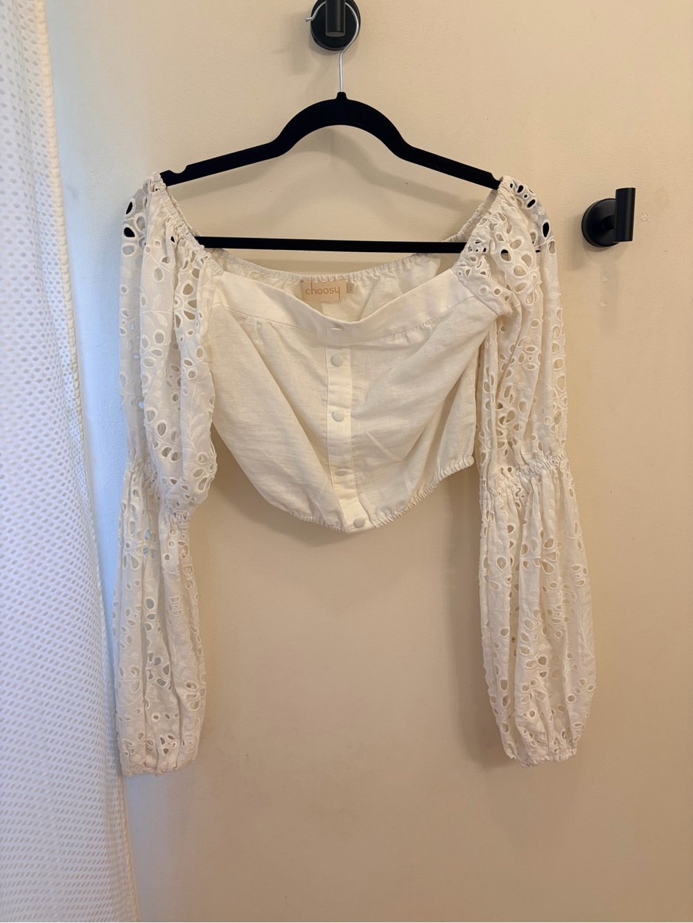 CHOOSY crop top linen lantern sleeve embroidered white small